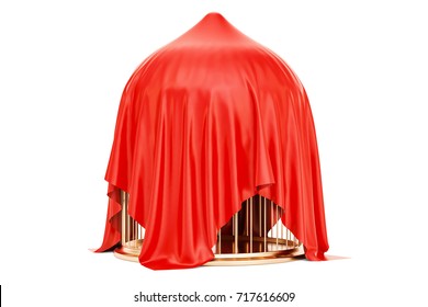 Golden Bird Cage Covered Red Cloth, 3D Rendering