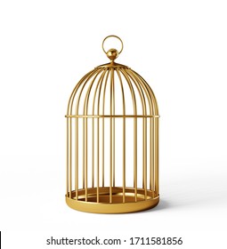 Golden Bird Cage Isolated On A White. 3d Illustration