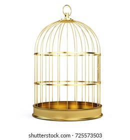 Golden Bird Cage Isolated On White Background. 3d Illustration