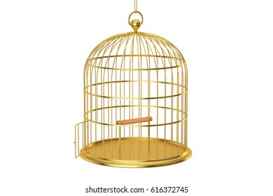 Golden bird cage with open door, 3D rendering isolated on white background