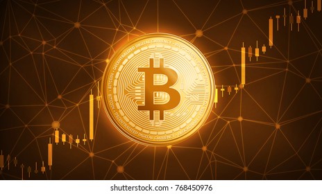 Golden Bitcoin Coin With Bull Trading Stock Chart. Bitcoin Gold And Cash Lightning Blockchain Hard Fork Concept. Cryptocurrency Coin Icon Illustration On Polygon Peer To Peer Network Background.