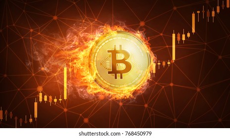 Golden bitcoin coin in fire with bull trading stock chart. Bitcoin Gold and Cash lightning blockchain hard fork concept. Cryptocurrency coin illustration on polygon peer to peer network background.