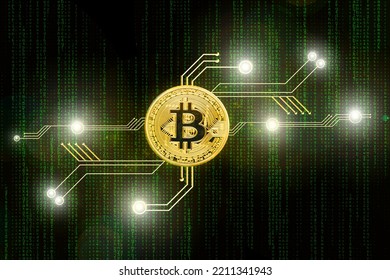 Golden Bitcoin Cryptocurrency Blockchain 3D Digital Money Transformation Conceptual For Next Generation Technology