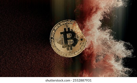 Golden bitcoin dissolving and exploding into many small particles on a black background, representing the volatility and risk associated with cryptocurrency investments
