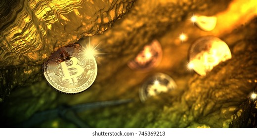 Golden Bitcoin Mining In Deep Cave With Pickaxe And Some Coin In Background - 3d Illustration.