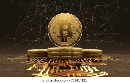 Golden bitcoins standing on circuit board, cryptocurrency concept. 3d illustration.