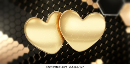 Golden And Black Elegance Luxury Background And Two Golden Hearts Symbolic Love 3d-illustration