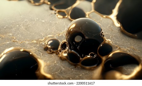 Golden And Black Liquid Drops On Crystal Glassy Surface