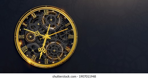 Golden black old clock close up at front view on dark background with cog wheel pattern. Topic of time as digital 3D illustration.