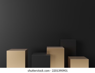 Golden And Black Podiums Set For Product, Cosmetic Presentation, On Black Background. Mock Up. Pedestal Or Platform For Beauty Products. Empty Scene. Copy Space For Logo, Or Text. 3D. 3D Illustration