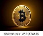 Golden And Black Rounded Cryptocurrency Bitcoin BTC Coin On Golden Glow Background 3d Illustration