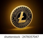 Golden And Black Rounded Cryptocurrency Litecoin LTC Coin On Golden Glow Background 3d Illustration