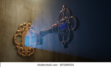 A Golden Brass Key Unlocks The Old Door Lock With The Light Shining Through The Keyhole. 3D Illustration