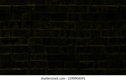 Golden Brick Wall High Contrast Background. Brick Wall Decorated With Golden High Light