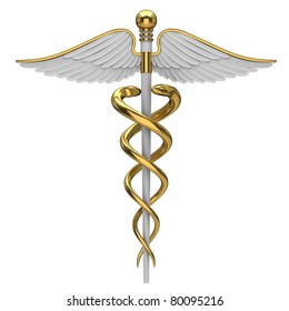 Golden caduceus medical symbol isolated on a white background.