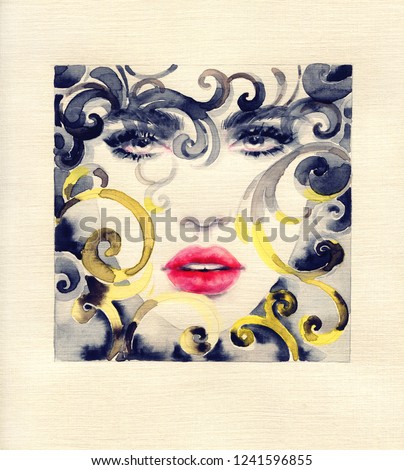 golden cage. beautiful woman face. fashion illustration. watercolor painting