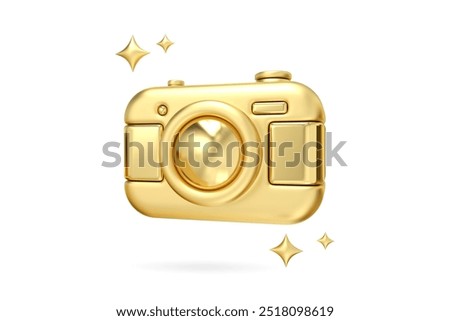 Golden Camera Glamour, 3D rendering of sleek, gold camera radiating luxury and photographic excellence, perfect for visual content creators and photography enthusiasts