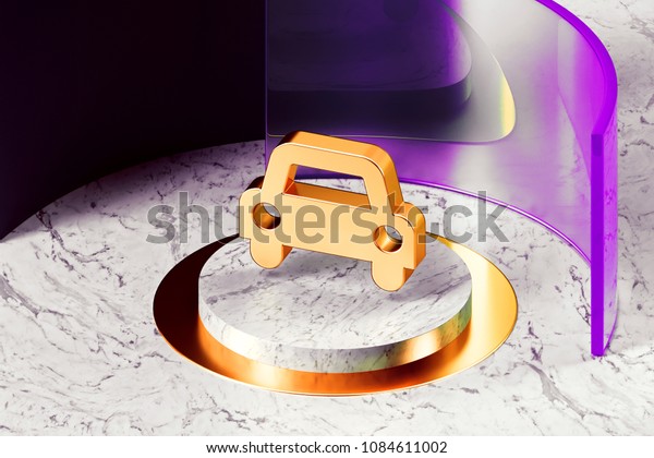 Golden Car Icon With Marble and Pink\
Glass Around. 3D Illustration of Golden Car, Transportation,\
Travel, Vehicle Icon Set With Magenta and Pink\
Glass.