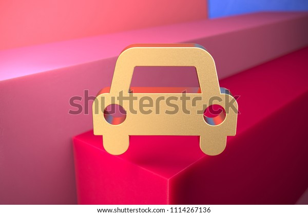 Golden Car Icon on the Pink\
and Blue Geometric Background. 3D Illustration of Gold Car,\
Transportation, Travel, Vehicle Icon Set With Color Boxes on the\
Pink Background.