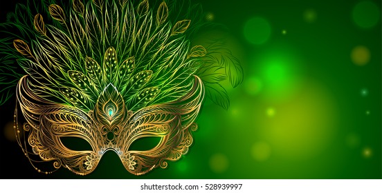 Golden carnival mask with feathers on green background. Beautiful concept design for greeting card, party invitation, banner or flyer. - Powered by Shutterstock