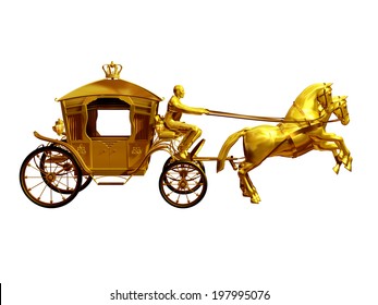 Golden Carriage With Two Horses Side View