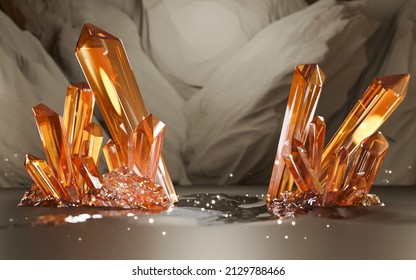 Golden cave with orange crystals or Yellow Sapphire and water background for cosmetic products as a banner for promotion. 3D render