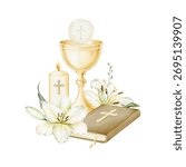 Golden chalice, Eucharistic host, white lilies, candle, and Bible. Watercolor isolated religious clipart. Composition for First Communion, baptism invitations, church stationery, spiritual projects