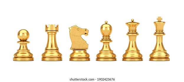 Golden Chess Set On A White Background. 3d Rendering