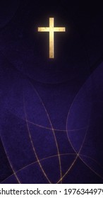 Golden Christian Cross on liturgic purple vertical copy space banner background. 3D illustration for online worship during the passion for Christ, Confirmation, Good Friday, Palm Sunday, and Pentecost