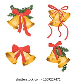 Golden Christmas Bells Holiday Collection With Green Tree Branches And Red Bow Ribbon Isolated On White Background. Gold Bell For App Game, Web Ui Or Interior Decoration. Graphic Xmas Illustration Set