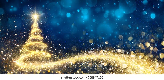 Golden Christmas Tree In Abstract Night
