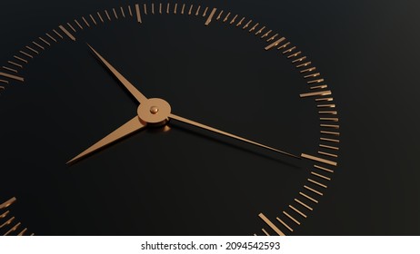 Golden clock needle points to 9. 3D rendering illustration.