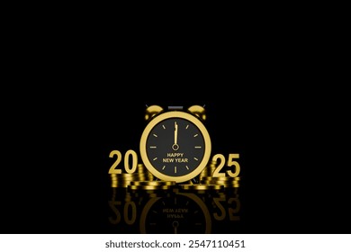 Golden clock striking midnight for New Year's Eve, welcoming 2025 celebration, set against a black background with gold coins. 3D illustration - Powered by Shutterstock