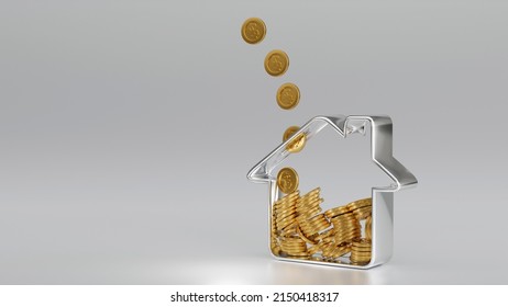 Golden Coin Falling In To House Shape Piggy Bank, Save Money For Buy House, Investment Property, Mortgage Real Estate Concept. 3D Rendering.