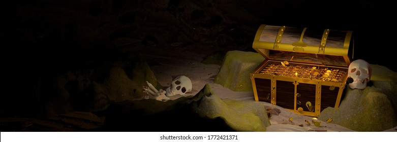 Golden Coins in Ancient and vintage treasure chest made of wooden panels Reinforced with gold metal and gold pins Treasure boxes placed on the sand in a cave or treasure chest underwater. 3d Rendering
