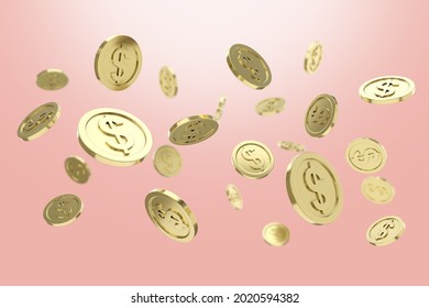 Golden Coins Flying Up In Slow Motion And Falling Down With Pink Background. 3d Animation.