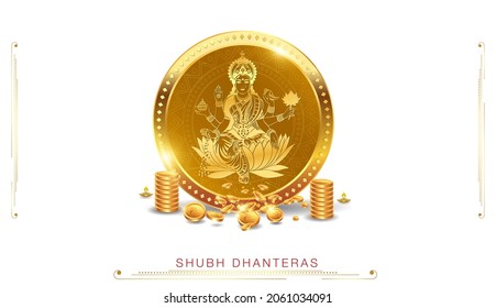 Golden coins of Goddess Laxmi lakshmi for Indian Dhanteras worship Diwali festival celebration creative and jewellery background
