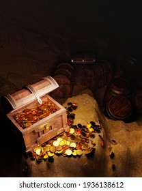 Golden Coins and vintage treasure chest made of wooden panels Reinforced with gold metal and gold pins Treasure boxes placed on the sand in a cave. The treasure is hidden by pirates. 3d Rendering