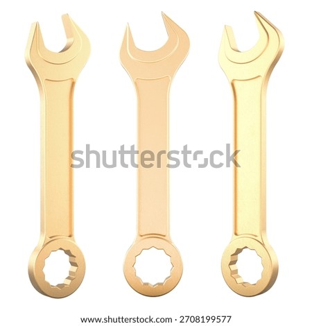 Golden combination wrenches front and side views. 3D rendering isolated on white background