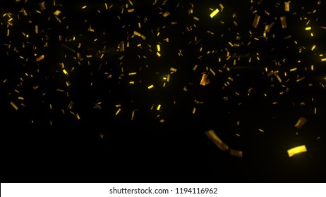 Golden confetti fall on black background. Party shiny rain. Grainy abstract texture design element. Glamour glitters can be used for christmass or other celebration greetings. 3D illustration