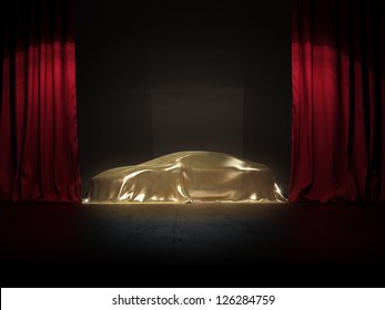 golden covered, New car presentation on show stage