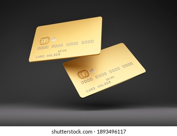 Golden Credit Cards Mockup, Dark Black Background, 3D Illustration