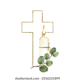 Golden Cross with a white burning candle and green eucalyptus branch. Watercolor religious hand drawn illustration. Gold framed cross. Clipart for christening, wedding card. Isolated from background - Powered by Shutterstock