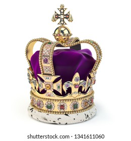 Golden Crown With Jewels Isolated On White. English Royal Symbol Of UK Monarchy. 3d Illustration