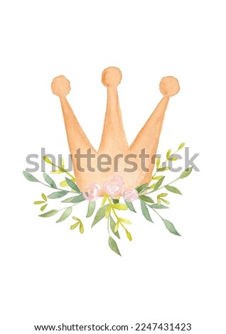 Golden crown watercolor illustration. Magical decoration for kids