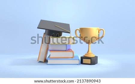 Golden cup with stack books and square academic cap. Graduation from high school, college or university with honors or gold medal. Study award, achievement in education. Realistic 3d illustration