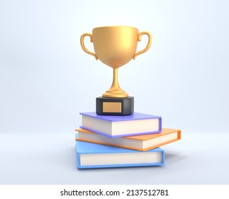 Golden cup, trophy or winner prize stand on stack books. Achievement in education, study award, successful student, excellent academic performance. Gold goblet for contest or competition, 3d render