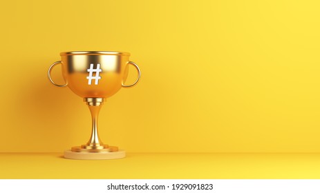 Golden cup and white hash-tag text on yellow-colored background horizontal composition with copy space 3d render