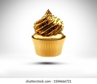 Golden Cupcake On Black Background - 3D Illustration