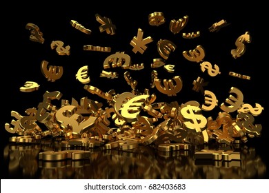 Golden Currency Symbols On Black Background. 3D Rendering.